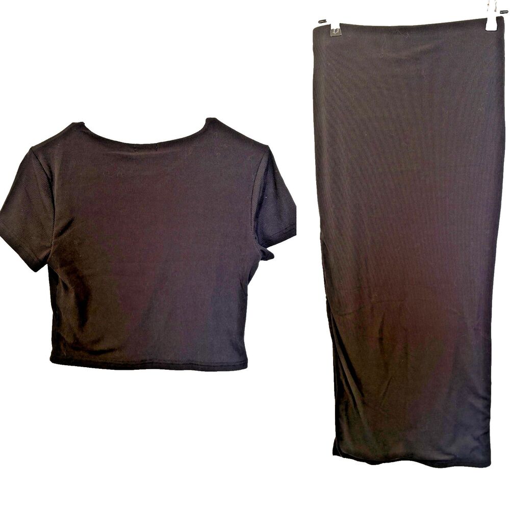 Faded Rose Jr. Large black Ribbed Slit Skirt Crop Top Set